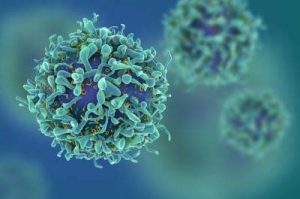 Ilustración en 3D de células cancerosas sobre fondo azul