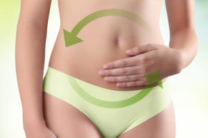 Close up of belly area of young woman in lime green underwear rubbing custom - indicated by circular arrow movement