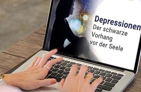 Frauenhände auf der Tastatur eines Laptops - auf dem Bildschirm ist eine Depressionen Fachinformation zu sehen