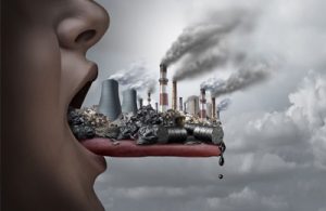 Drastische Illustration eines menschlichen Mundes, der Giftstoffe zu sich nimmt