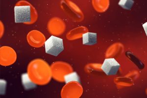 Ilustración en 3D de plaquetas de sangre humana y terrones de azúcar