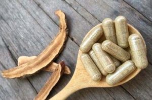 Mushroom powder capsules on a wooden spoon, which lies on a rustic wooden base. Next to the spoon are dried Reishi pieces
